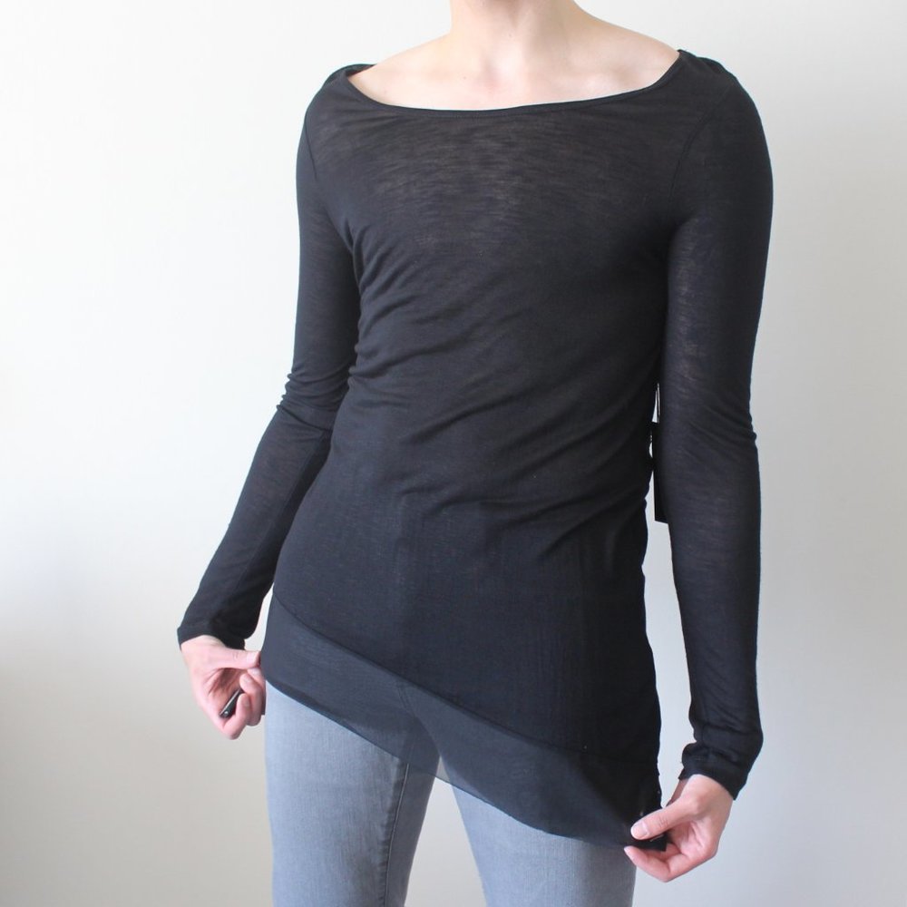 BCBG Max Azria asymmetric mesh hem boat neck top